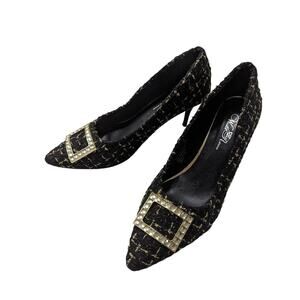 WILD ROSE! BLACK, GOLD NUBBY TWEED, RHINESTONE BUCKLE HEELS! SZ 10